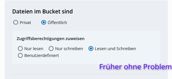 Alte IDrive-e2-Oberfläche: Dateien im Bucket privat oder öffentlich, inkl. Lesen und Schreiben